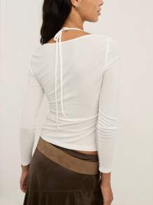 Nöista 女士纯色露背系带长袖修身时尚 T 恤，适合日常穿着 - 米色 - 查看 2