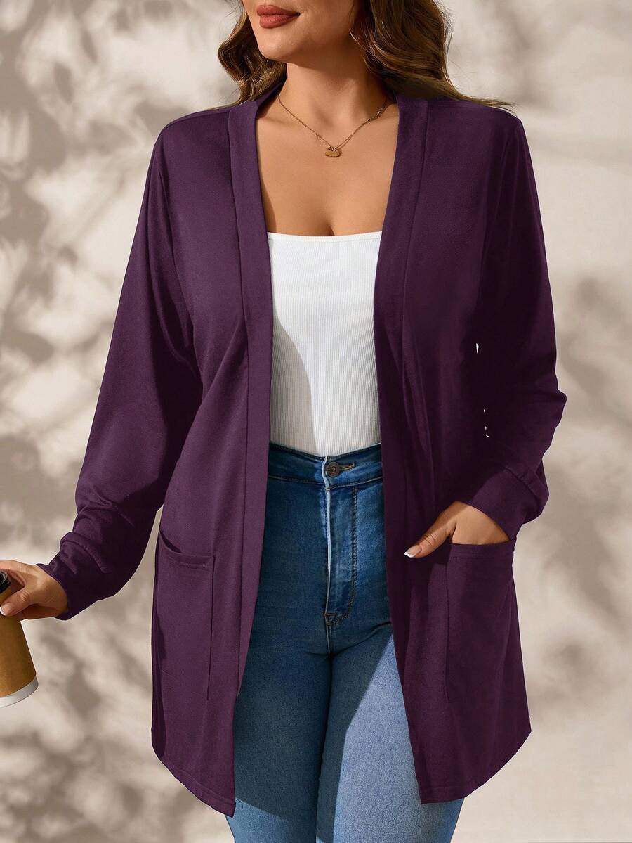 SHEIN Clasi Jaket Rajut Ungu Tua Lengan Panjang dengan Kantong, Ukuran Besar, Pakaian Musim Gugur untuk Wanita - Red Violet - View 1