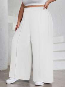 SHEIN CURVE+ Plus Size Women's Solid Color Pleated Pants, Black Loose Wide Leg Pants, Curve Plus, Boho Vacation - White - View 6