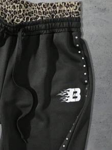 ROMWE MEN Street Life Men's Leopard Print Patchwork Waistband Sweatpants, Loose Fit