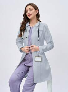 Scrubzie Anti-Wrinkle Long Sleeve Shirt Collar Multi-Pocket Women's Scrub Uniform Jacket - Blue - View 5