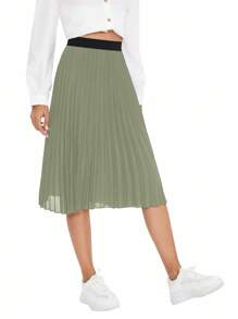 Ellevyn Women's Fashion Casual Elegant Contrast Color Pleated Midi Skirt