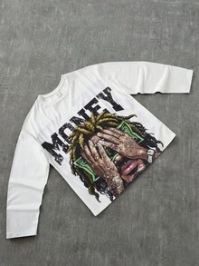 青少年男孩休闲日常舒适印花图案宽松圆领长袖针织 T 恤 - 白色 - 查看 1