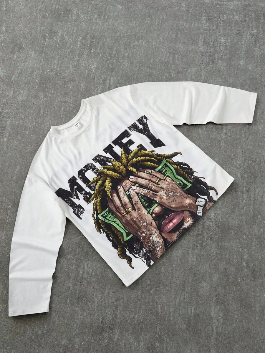 青少年男孩休闲日常舒适印花图案宽松圆领长袖针织 T 恤 - 白色 - 查看 1