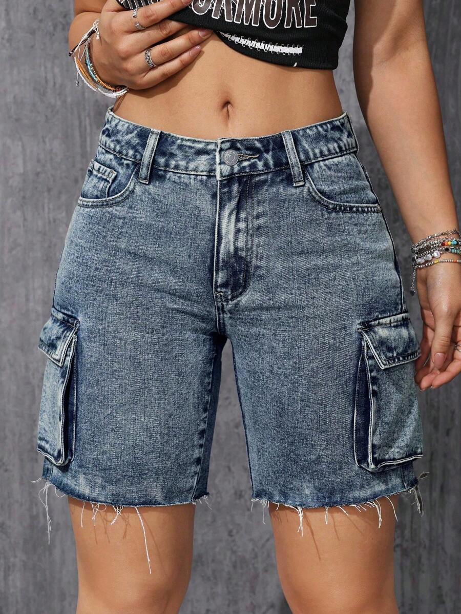 SHEIN ICON 女式休闲磨边口袋牛仔短裤