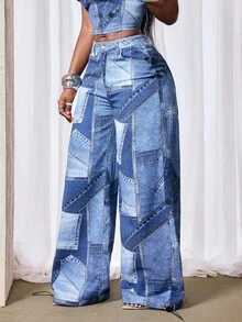 Slaydiva 女式休闲水洗抽绳下摆阔腿牛仔裤 - 藍色 - 查看 3