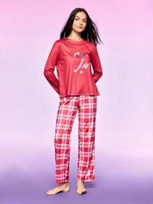 女士字母印花休闲家居服套装、上衣和裤子 - 粉色 - 查看 6