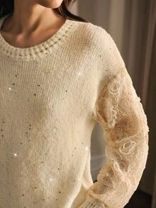 MOTF PREMIUM SUÉTER ROMÁNTICO CON BORDADO DE LENTEJUELAS Y PARCHES EN LAS MANGAS, ADECUADO PARA CITAS DE OTOÑO/INVIERNO - Beis - Ver 3