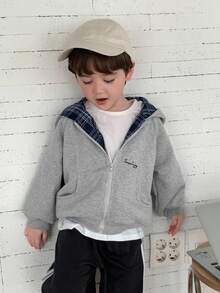 DAZY Kids Fall Clothes, Young Boys Thermal Lined Jacket, Patchwork Plaid Hooded, Casual Loose Fit, Letter Print, Minimalist Style, Autumn