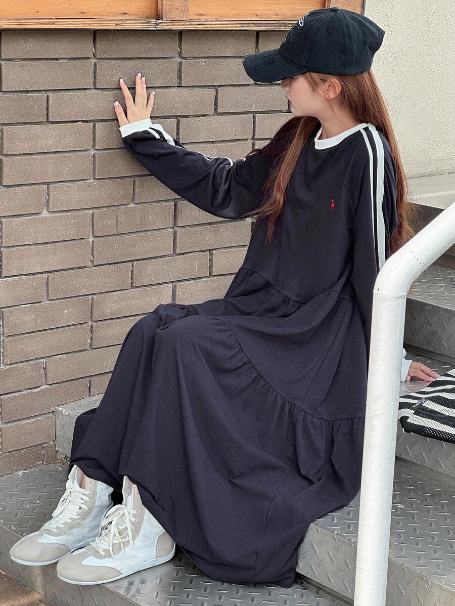 DAZY 少女 A 字连衣裙,宽松休闲小图案刺绣撞色丝带,秋季 - 藏蓝色 - 查看 1