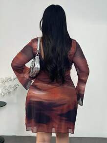 Firerie Plus Size Women's Ombre Gradient Print Backless Flare Sleeve Mini Mesh Sheer Sexy Flare Sleeve Dress, Vacation Dress, Sexy/Vacation/Beach/Romantic/Music Festival/Casual/Music Festival Art Print Gradient Pattern Short Dress With Waist And Back Tie Clothes For Women Abstract Print Dress Slay Diva Dress Curvy Dress Long Sleeve Dresses Curvy Summer Spring - Multicolor - View 3