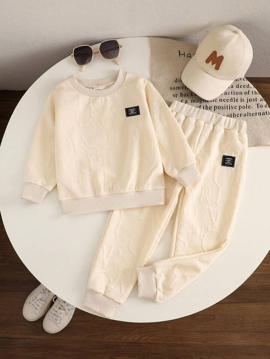 SHEIN Explorewe 2pcs/Set Young Girls Jacquard Knit Long Sleeve Casual Crew Neck Top And Elastic Cuff Pants Set, Autumn/Winter - Apricot - View 1