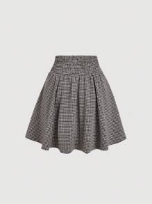 SHEIN MOD Checkered High-Waisted Full Flare Vintage Court Style Midi Skirt With Pearl Buttons - Perfect For Dates, Parties, And Holidays, Suitable For Tea Parties, Birthdays, Western Attire, Office Wear,Halloween Clothes,Winter Clothes For Women,Business Casual Woman - Khaki - View 2