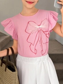 SHEIN Tween Girl Printed Mesh Patchwork Bow Graphic T-Shirt, Suitable For Summer - Baby Pink - View 7