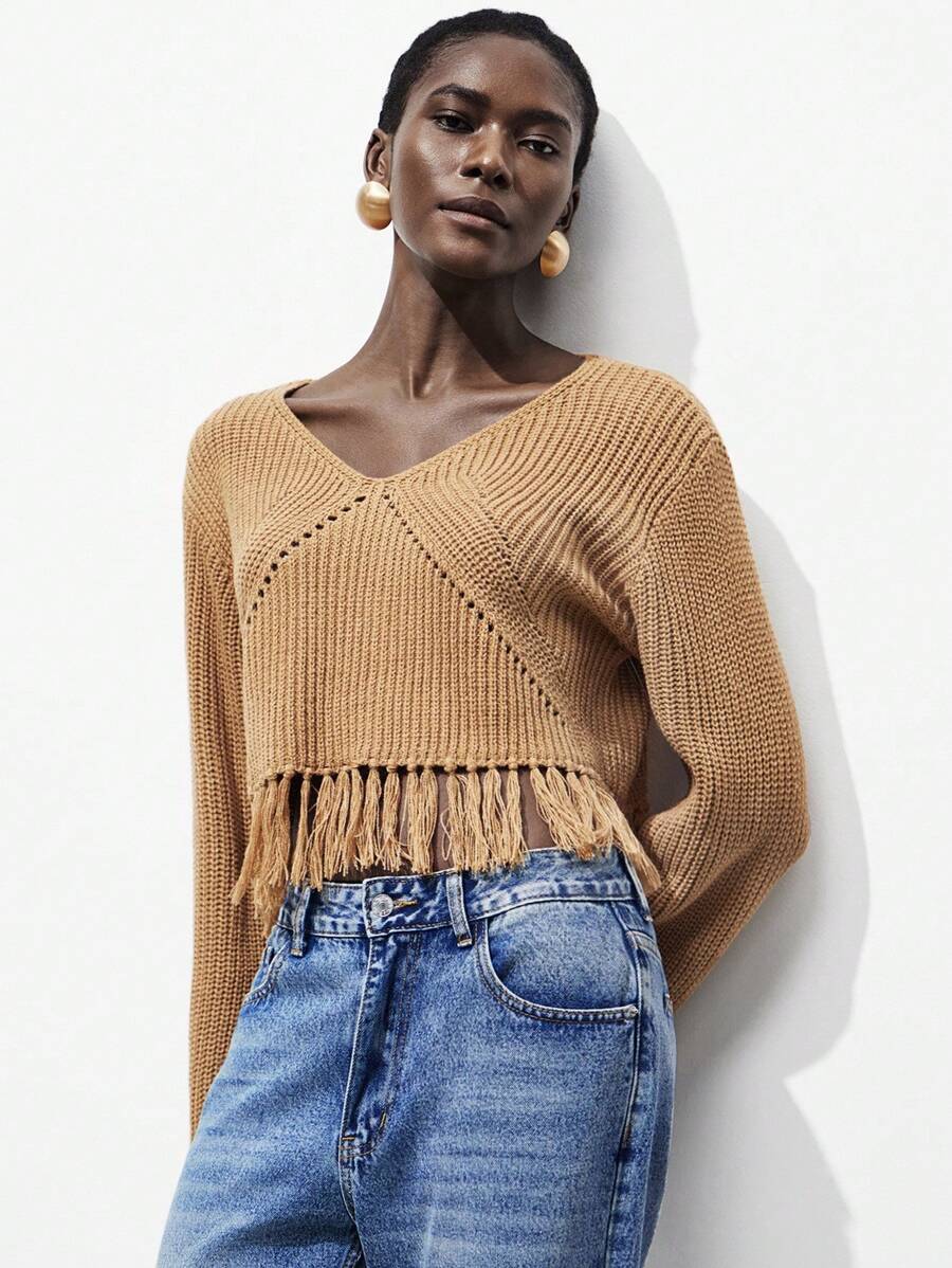 Lumivelle Suéter de punto casual de mujer con bajo con flecos y unicolor, para otoño e invierno