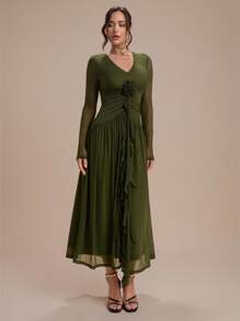 Modelyn Váy nữ viền bèo nhún hoa 3D thanh lịch - xanh quân đội - Xem 5