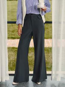 Briarwyn Celana Panjang Wanita Polos dengan Motif Garis-Garis Tusuk Gigi, Longgar, Kasual, Kaki Lebar, Musim Gugur, Kembali ke Sekolah, Gaya Klasik, Guru - Dark Grey - View 4