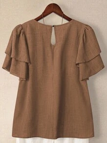 Linhara 大码女式纯色圆领双层袖短袖休闲衬衫，休闲时尚百搭褶皱夏季假日女士衬衫 - 卡其色 - 查看 2