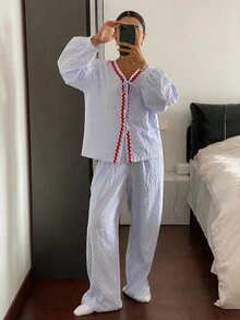 Bộ đồ ngủ nữ cổ thắt nơ vải kẻ caro xếp ly màu tương phản, trang phục thu đông - Màu xanh lam - Xem 6