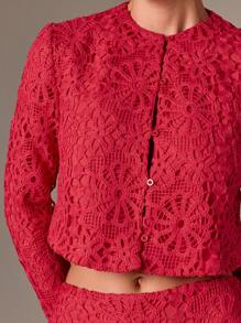 AiiRZ Crochet Lace Co Ord Set Floral Pattern Buttoned Crop Top High Waist Shorts Festival Summer Beach Party Occasion Two Piece Outfit - Red - View 3
