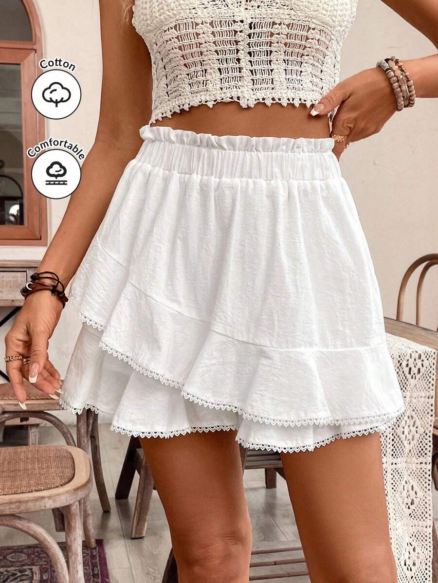 SHEIN Frenchy 荷叶边下摆纯色短裤蕾丝棉质连衣裙白色下装高腰短裤女式休闲裤茶会服装波西米亚风女装夏季裤子女式裤子棉质阔腿裤舒适短裤宽松短裤蝴蝶短裤 - 白色 - 查看 1