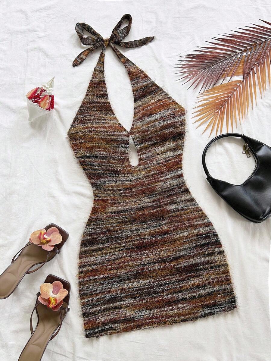 Soleia 全新时尚度假红色针织条纹露背迷你连衣裙 - 彩色 - 查看 1