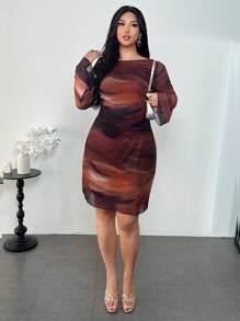 Firerie Plus Size Women's Ombre Gradient Print Backless Flare Sleeve Mini Mesh Sheer Sexy Flare Sleeve Dress, Vacation Dress, Sexy/Vacation/Beach/Romantic/Music Festival/Casual/Music Festival Art Print Gradient Pattern Short Dress With Waist And Back Tie Clothes For Women Abstract Print Dress Slay Diva Dress Curvy Dress Long Sleeve Dresses Curvy Summer Spring - Multicolor - View 7