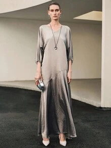 Uhlyne 女士休闲度假通勤纯色 V 领宽松弹力七分袖连衣裙，秋季 - 灰色 - 查看 4