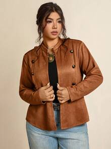 Freevana Plus Size Women's Solid Color Long Sleeve Double-Breasted Casual Jacket Fall Winter Business Casual Chic Suede Jacket - Mocha Brown - View 5