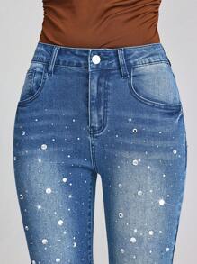 SHEIN Frenchy Women's Rhinestone Embellished Skinny Fit Denim Jeans - Blue - View 7