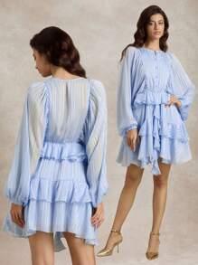 Briarwyn 女式条纹纽扣设计灯笼袖荷叶边下摆时尚连衣裙 - 淺藍色 - 查看 8