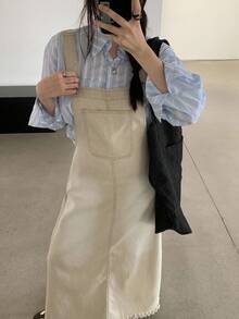 DAZY 女士休闲水洗毛边长款牛仔连衣裙 夏季女装 - 米色 - 查看 7