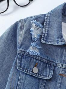 Sparklyn Tween Girls Y2K Style Denim Two Pieces Outfit, New Arrival For Autumn/Winter, Collegiate Style Jacket + Pleated Skirt Set, Casual Street Style Long Sleeve Distressed Denim Jacket + Denim Pleated Mini Skirt, Vintage Washed Mid-Blue Denim, Oversized Fashion Versatile Set, Denim New Arrival Set Fall - Medium Wash - View 4