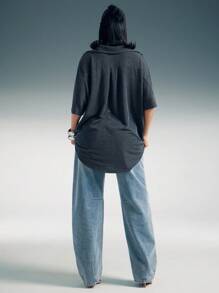 Denimoi Áo thun tay ngắn cổ bẻ rộng quá khổ - Xám - Xem 5