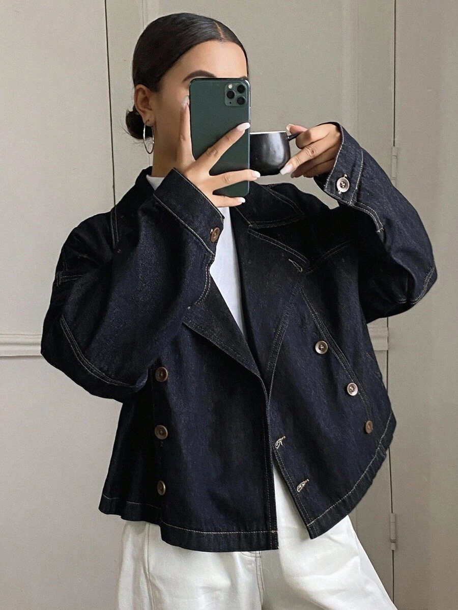 DAZY Women's Short Lapel Loose Denim Jacket And Coat