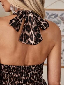LanaWest Women's Sexy Halter Neck Leopard Print Summer Dress,Ladies Sexy Backless,Shirred,Tiered Layer Sleeveless Halter Regular Fit Mini Multicolor All Over Print,Leopard Print,Textured Pattern A Line Women Mini Dresses,Spring/Fall,Party/Nightclub Outfits - Multicolor - View 4