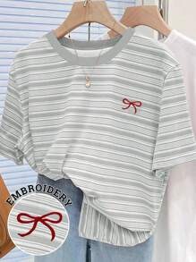 大码女装T恤/蝴蝶结图案印花/粉色/条纹格子时尚大码T恤/刺绣工艺/女士休闲超宽松圆领上衣/春夏 - 彩色 - 查看 1