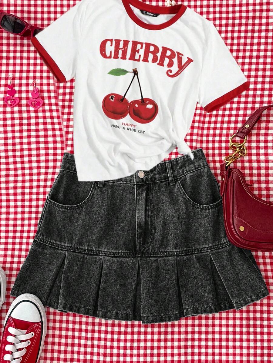 Attitoon Women's Casual Washed Pleated Denim Mini Skirt, Summer