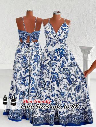 SHEIN CURVE+ 大码女式休闲度假热带花卉浪漫荷叶边前开襟连衣裙，适合海滩、夏季女装