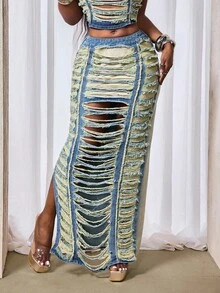 Slaydiva 女式破洞侧开衩时尚牛仔迷你裙 - 深色水洗藍 - 查看 1