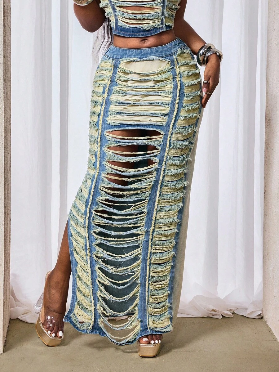 Slaydiva 女式破洞侧开衩时尚牛仔迷你裙 - 深色水洗藍 - 查看 1