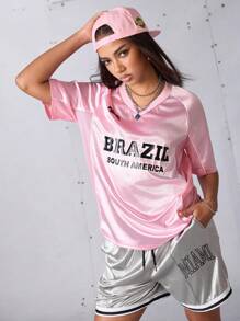 Streetz SHEIN Sport Women's Light Pink Summmer Athleisure Graphic Workout Brazil Letter Striped Jersey,Y2k Soccer Basketball Sports Outfit Athletic Matching Set Clothes - Pink - View 5