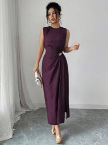 Elenzga 女士优雅简约纯色无袖中长连衣裙，褶皱细节，金属扣装饰，适合通勤、商务、休闲、度假、下午茶 - 紫紅色 - 查看 7