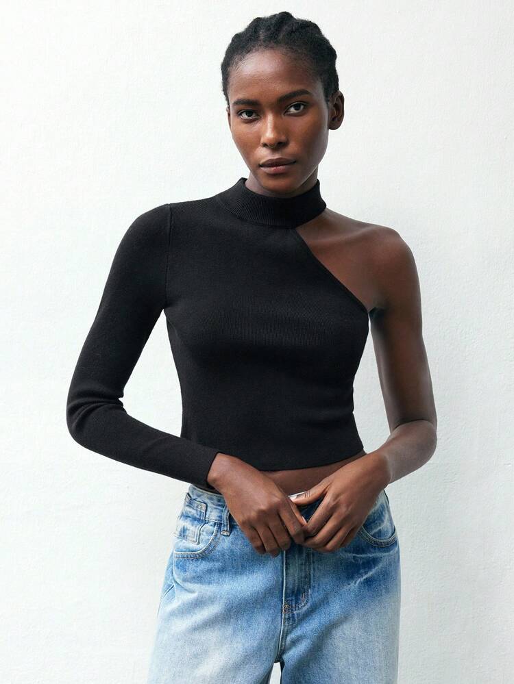 SHEIN Maija Women's Casual Solid Color One-Shoulder Long Sleeve Cropped Sweater Halloween Costumes   Casual Blouses For Ladies Black Top Autumn Winter Clothes For Women Black Top