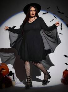 SHEIN CURVE+ Váy dơi tay cánh dơi phối ren phong cách Halloween Punk cỡ lớn dành cho nữ, váy Goth màu đen cỡ lớn, váy phù thủy/Mùa thu/Mùa đông - màu đen - Xem 4