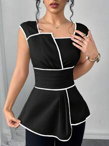 SHEIN Clasi 女士下摆收腰短袖时尚优雅衬衫 - 黑色 - 查看 4