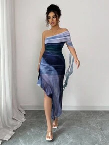 Rafferiza 渐变印花单肩褶皱荷叶边连衣裙 女士夏季连衣裙 大学正式场合礼服 蓝色长裙 独特露肩礼服 单肩连衣裙 - 深色水洗藍 - 查看 5