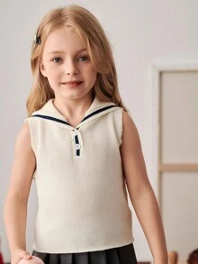 PrepCrw Young Girls' Sleeveless Knitted Vest With Navy Collar Girls Uniform Dress Toddler Girl School Uniform Girls School Clothes Kids Pleated Skirt Sets Girls Sailor Top,In Fall/Winter - Multicolor - View 7
