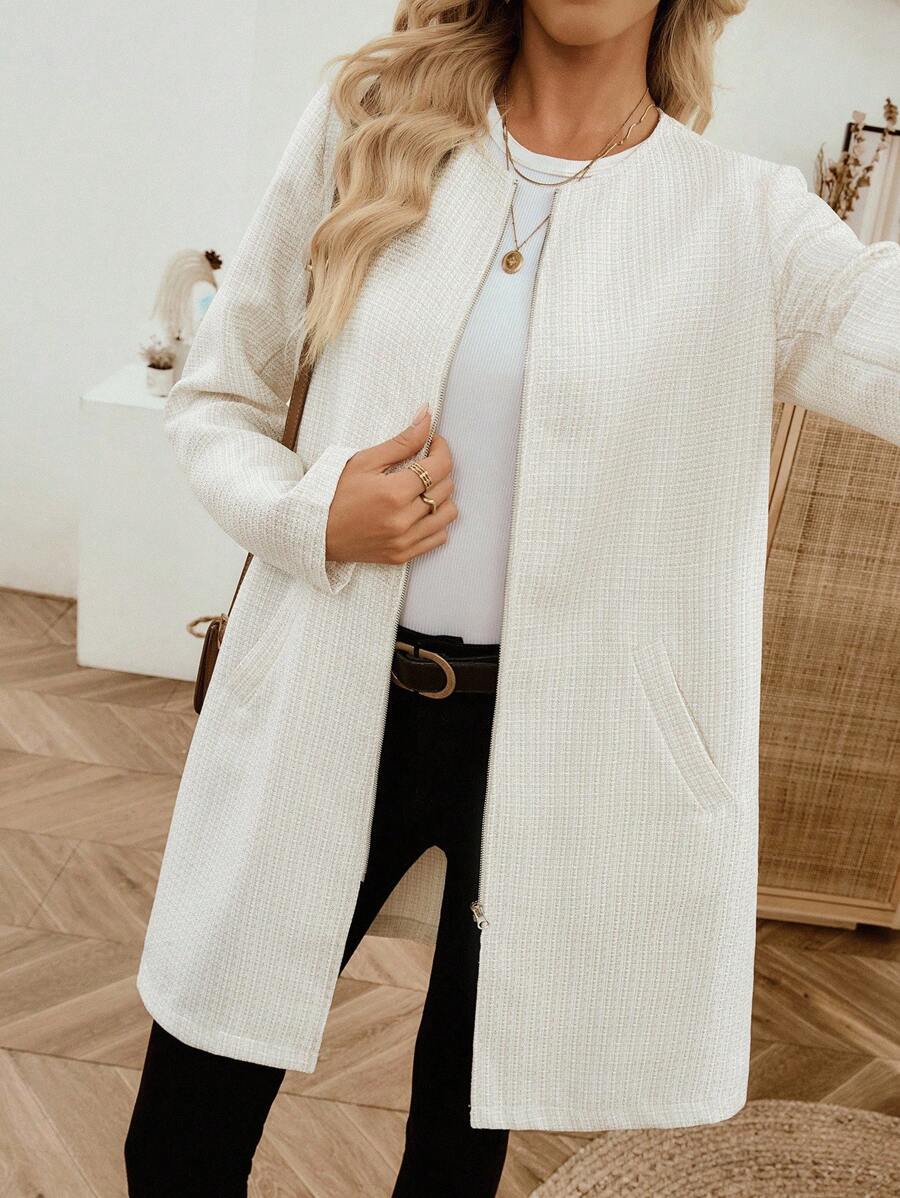 EMERY ROSE Veste longue décontractée à manches longues et fermeture éclair pour femmes, cardigan long blanc, cardigan long, cardigan duster, veste blanche pour femmes, cardigan, vêtements d'hiver pour femmes, veste d'hiver, manteau d'hiver, manteau d'hiver pour femmes, vêtements d'automne pour femmes