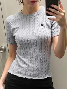 INAWLY Slim Fit Vintage Embroidered Cable Knit Short Sleeve Cropped T-Shirt - Grey - View 1
